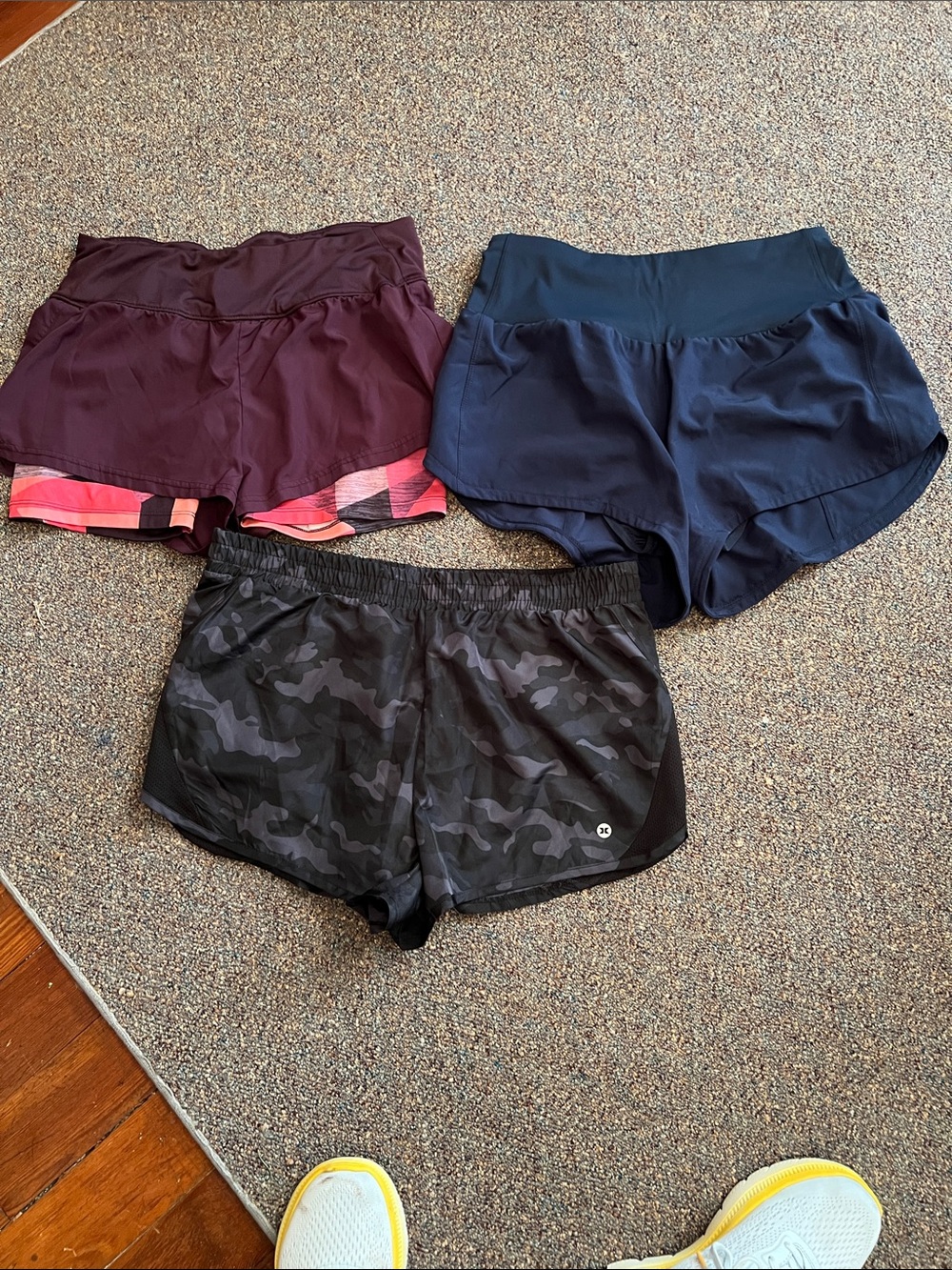 Women’s Athletic Shorts Trio - Navy, Burgundy, and Black Camo Performance Shorts